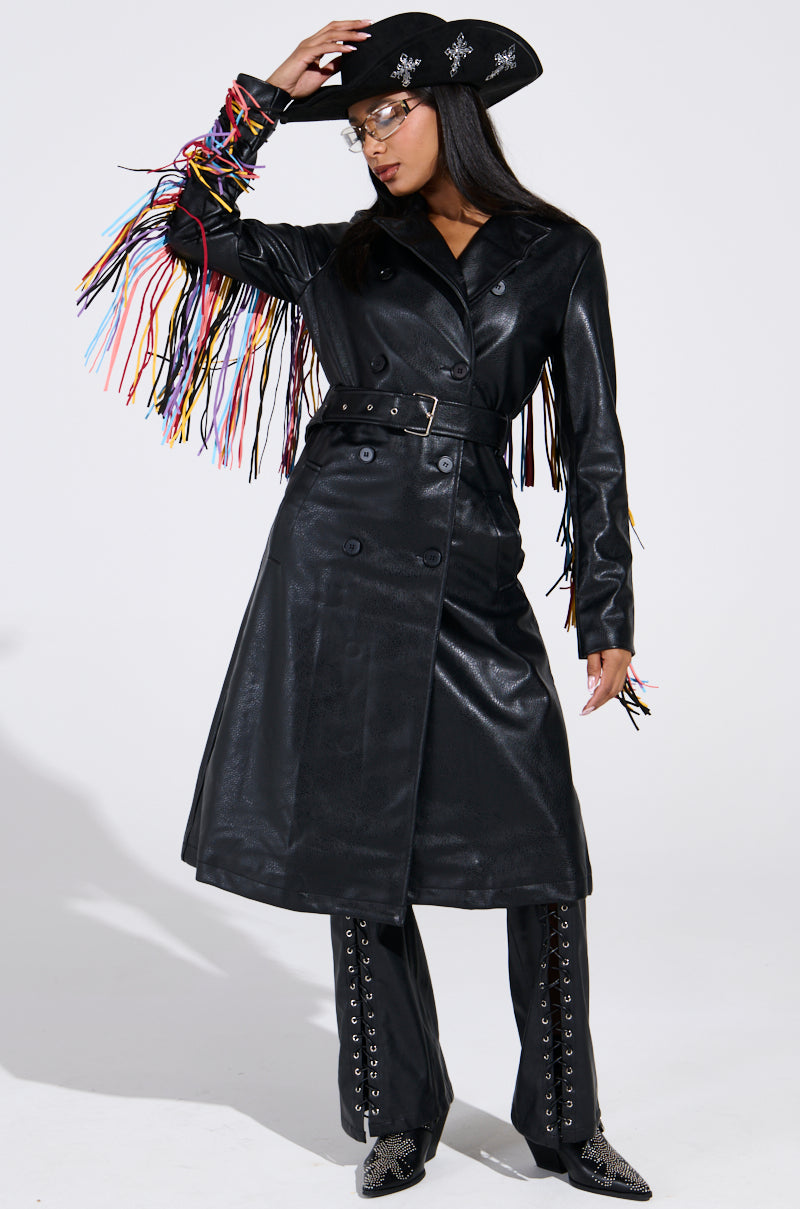 RYDER FRINGE TRENCH IN BLACK MULTI