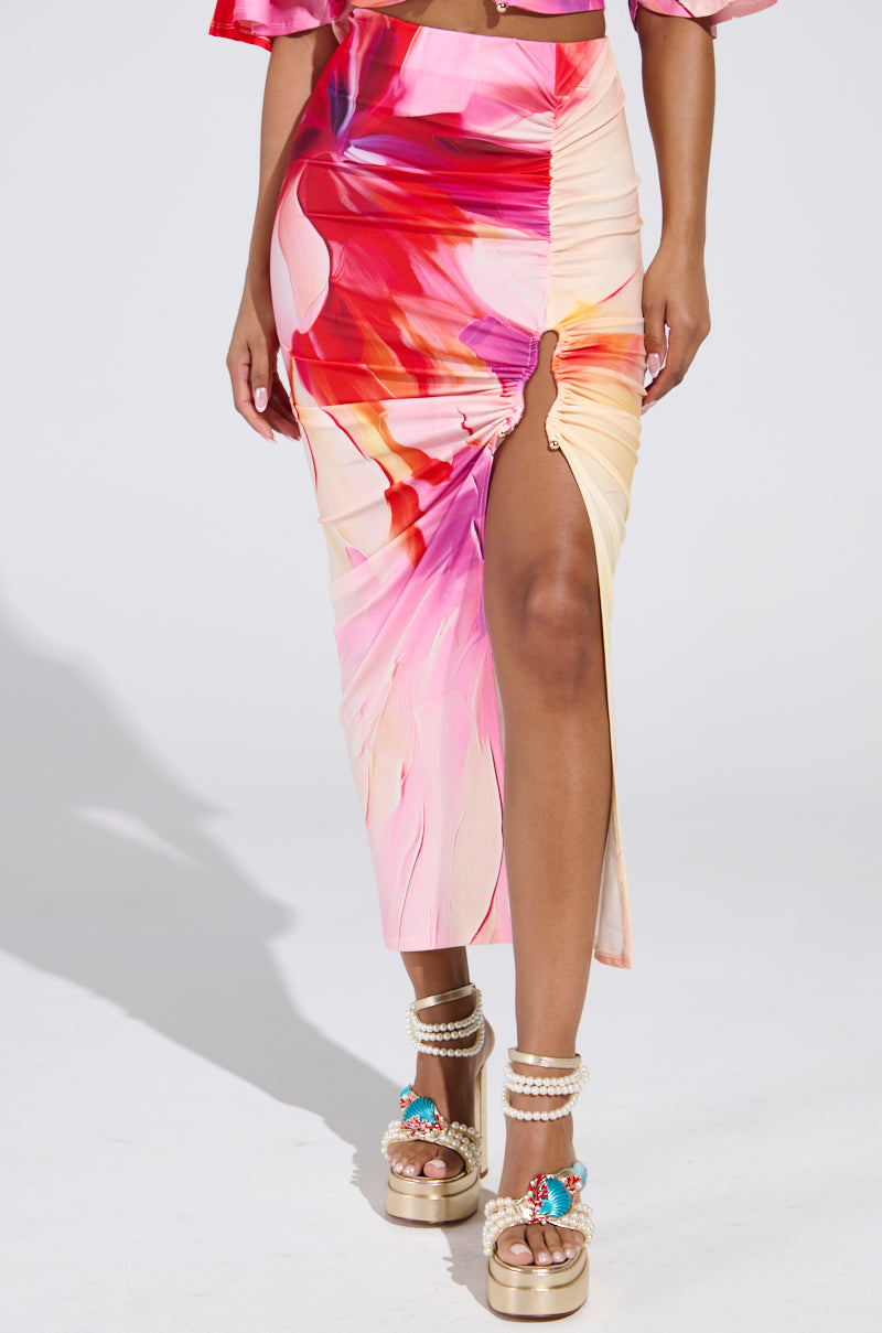 WILD FIRE FLORAL MIDI SKIRT WITH SLIT