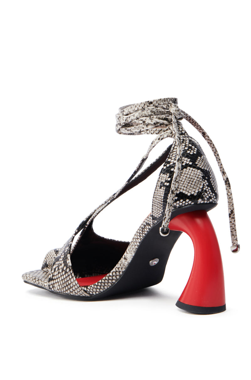 AZALEA WANG BUIKY SNAKE CONTRAST CURVED HEEL OPEN TOE PUMP
