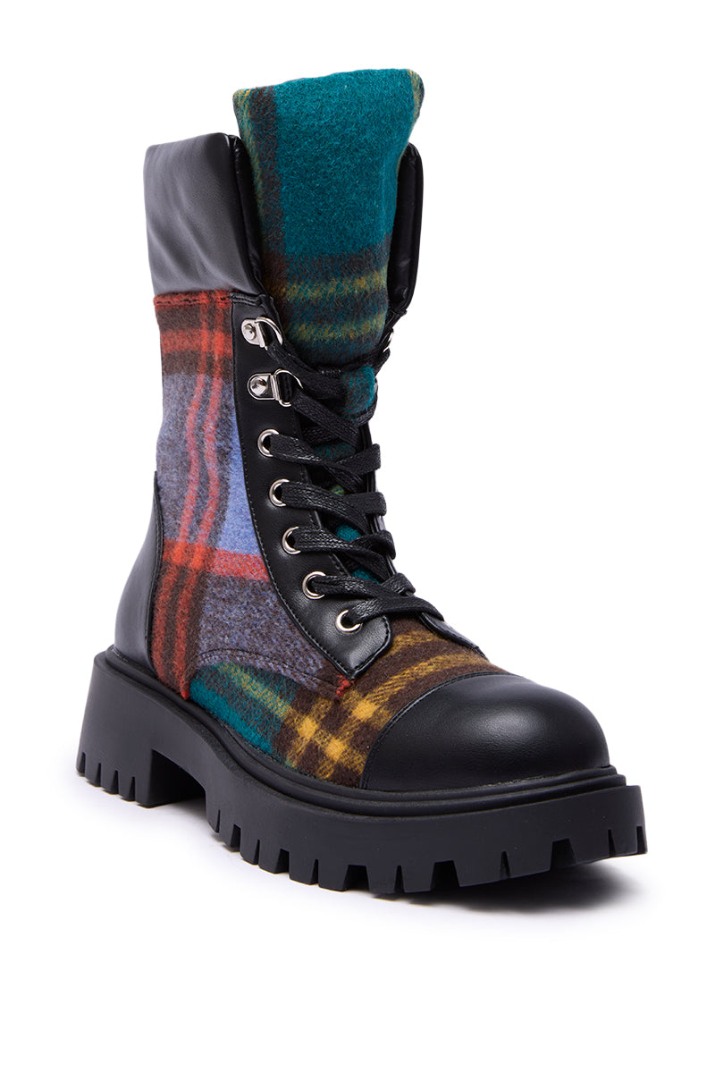 AZALEA WANG CALIBAN BLACK MULTI PLAID COMBAT BOOTIE