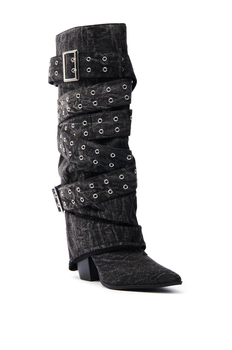 CENSORED BLACK DENIM BELTED CHUNKY BOOT