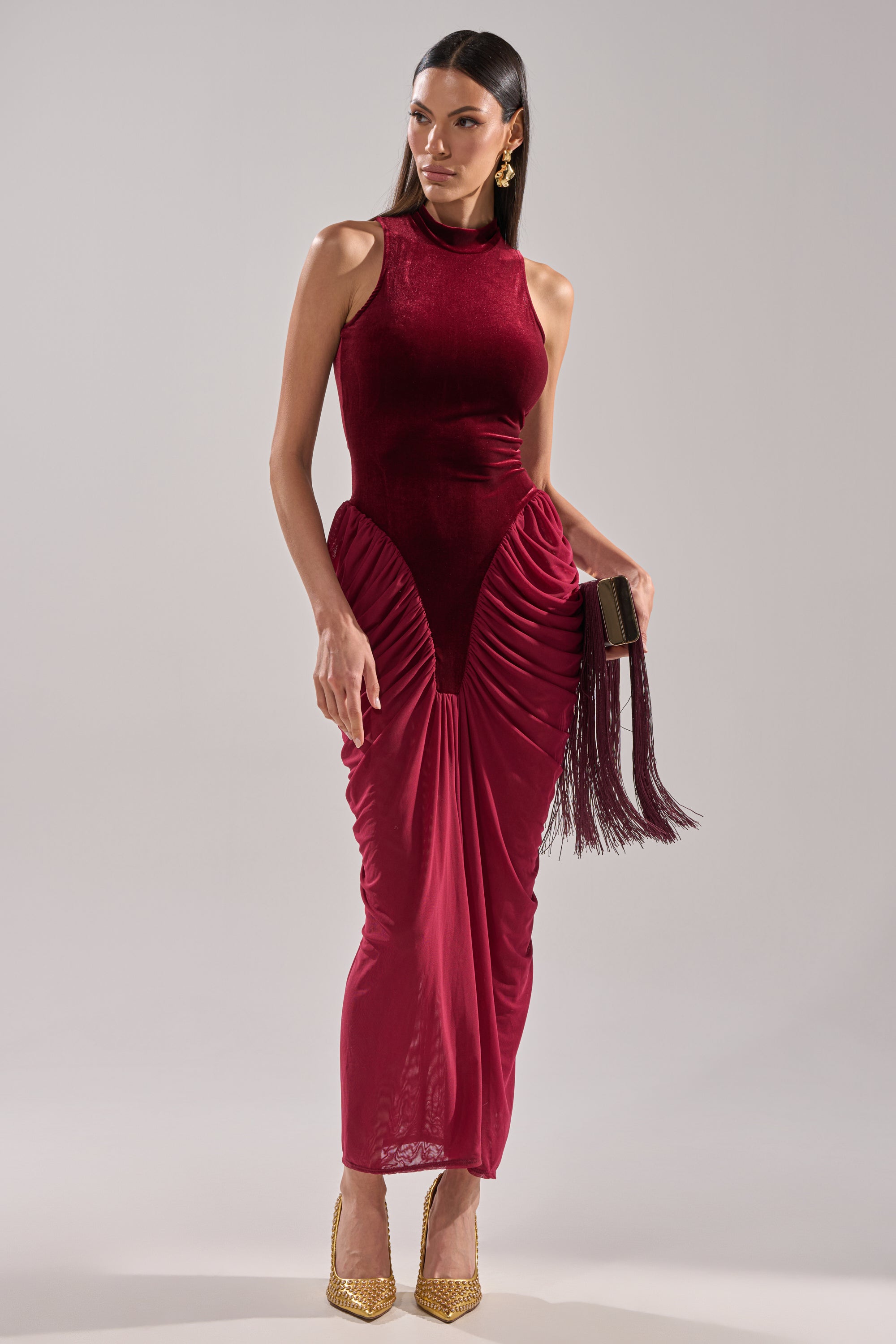 BABY ITS COLD OUTSIDE VELVET RUCHED MAXI DRESS