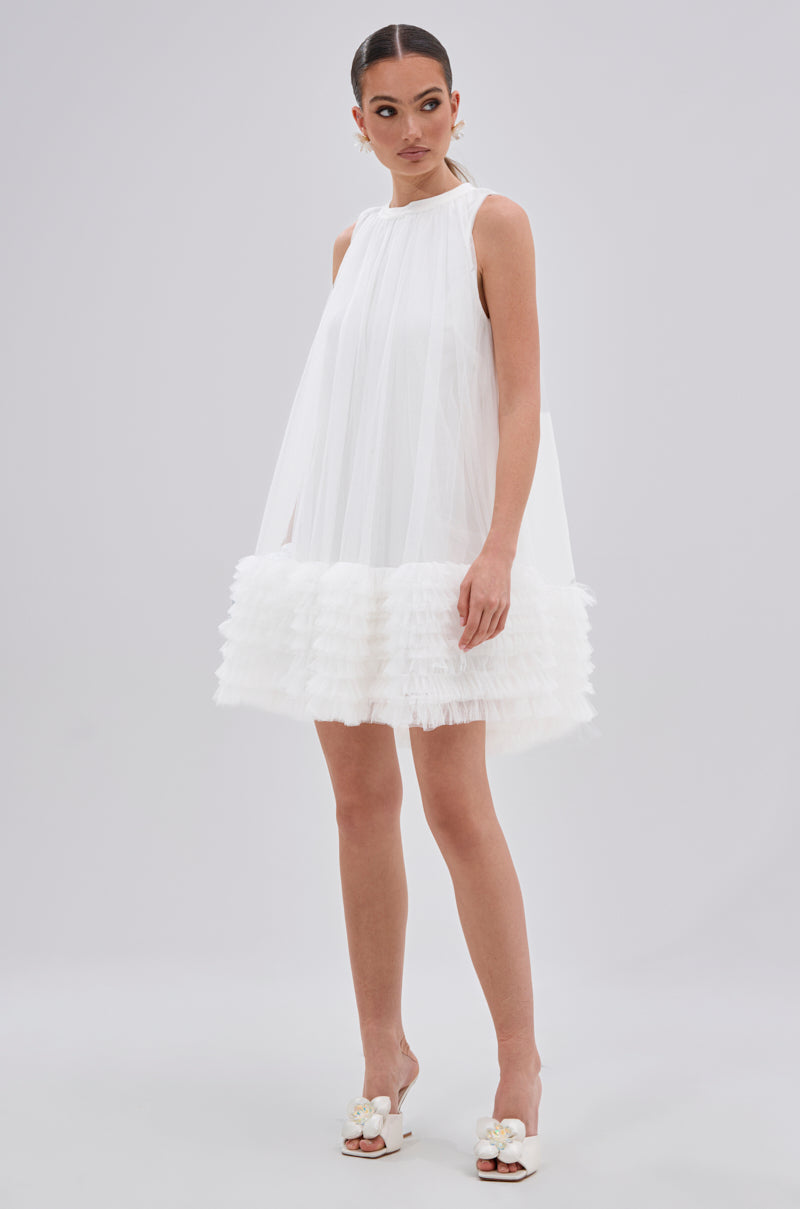 ARI TULLE RUFFLE MINI DRESS IN WHITE