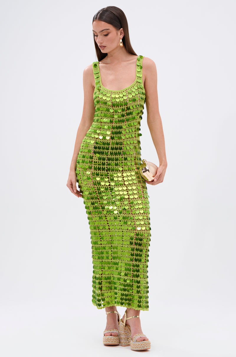 SHINE BRIGHT CROCHET SEQUIN MAXI DRESS IN GREEN