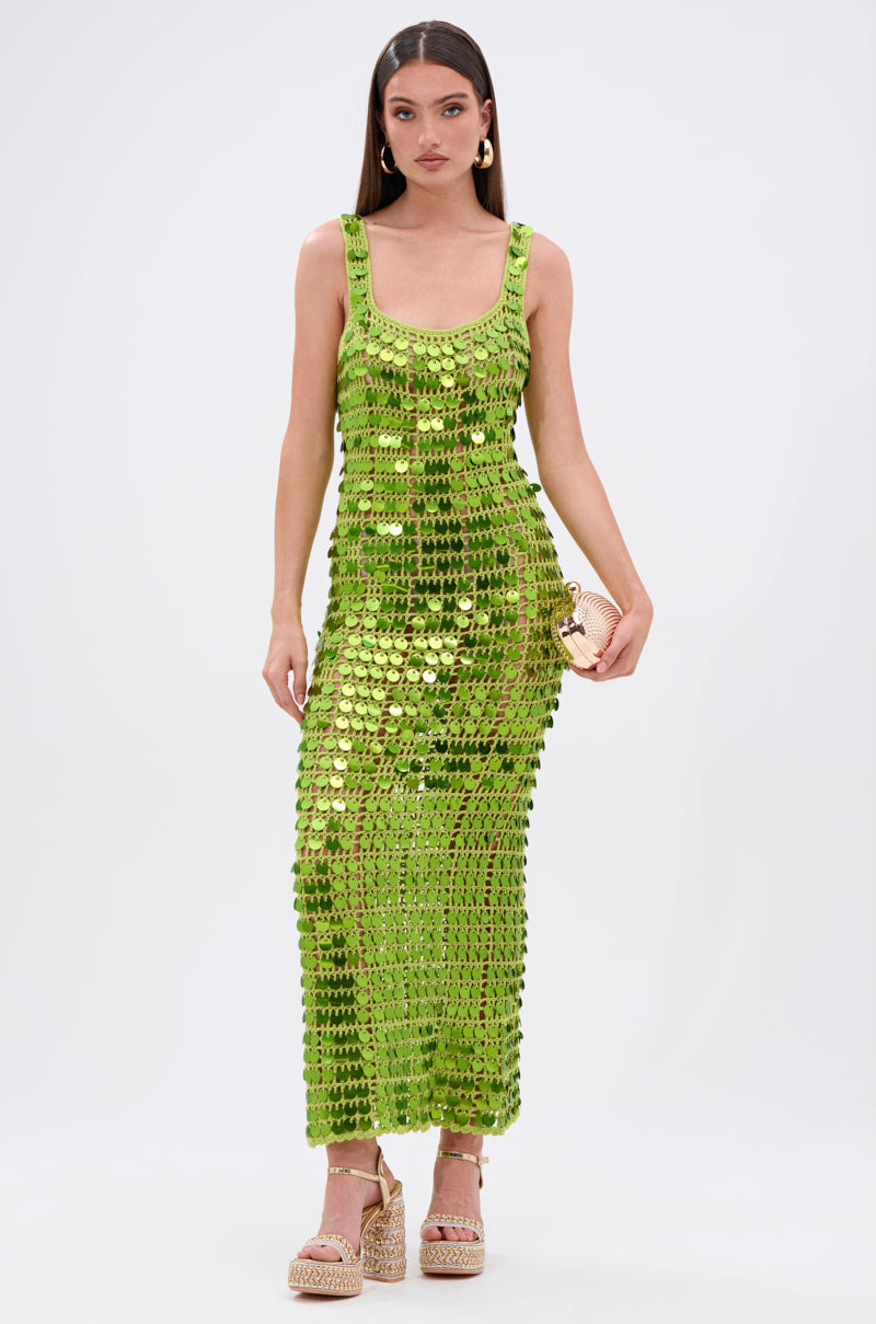 SHINE BRIGHT CROCHET SEQUIN MAXI DRESS IN GREEN