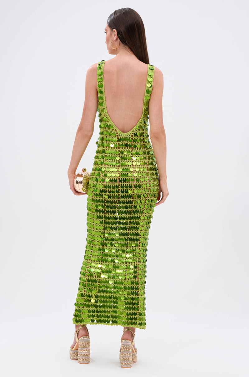 SHINE BRIGHT CROCHET SEQUIN MAXI DRESS IN GREEN