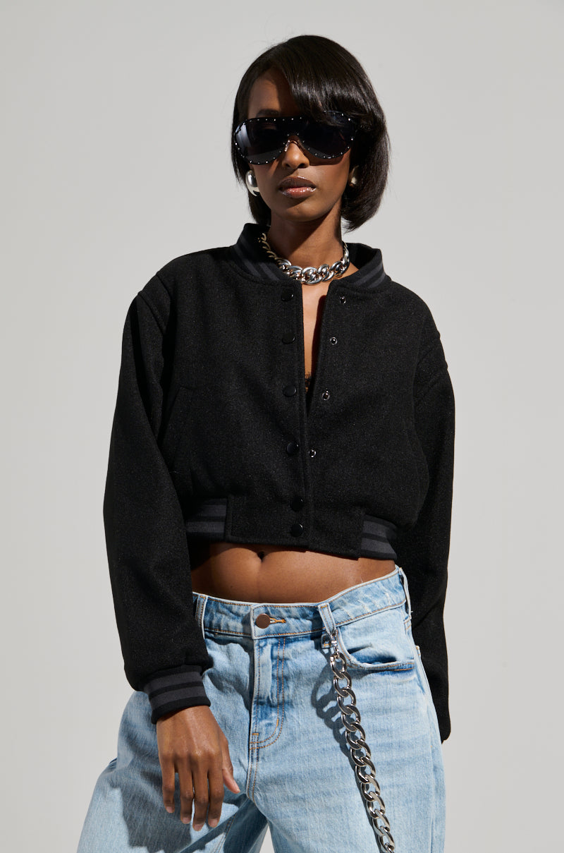 DAVIS EVERYDAY CROPPED VARSITY BOMBER IN BLACK
