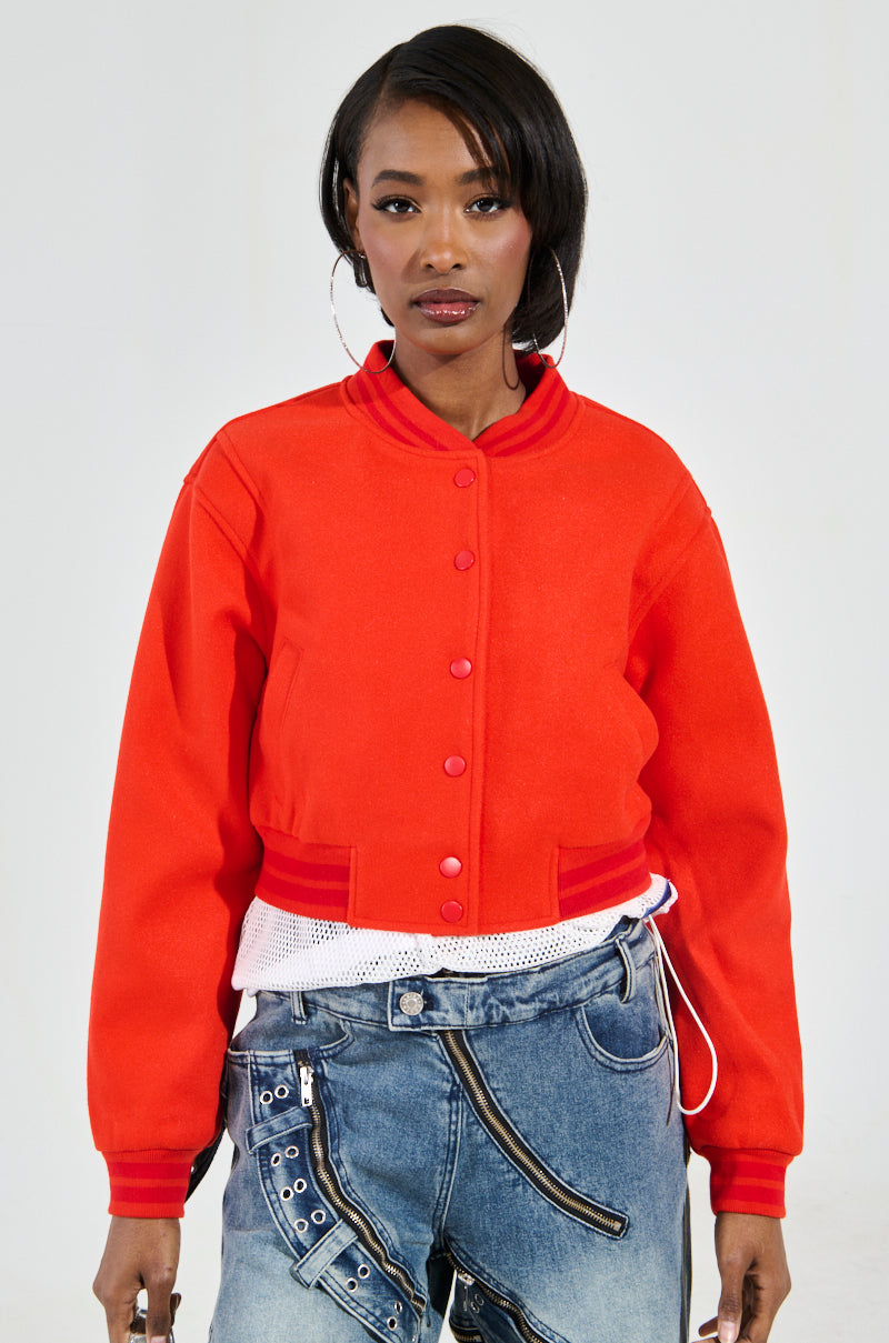 DAVIS EVERYDAY VARSITY BOMBER IN RED