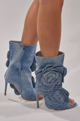 AZALEA WANG DELMARE DENIM FLORAL OPEN TOE BOOTIE