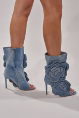 AZALEA WANG DELMARE DENIM FLORAL OPEN TOE BOOTIE