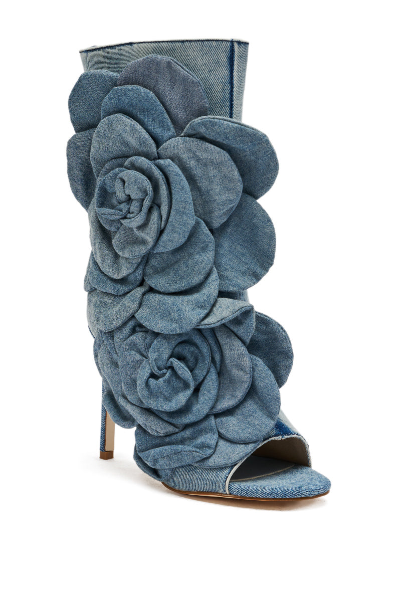 AZALEA WANG DELMARE DENIM FLORAL OPEN TOE BOOTIE