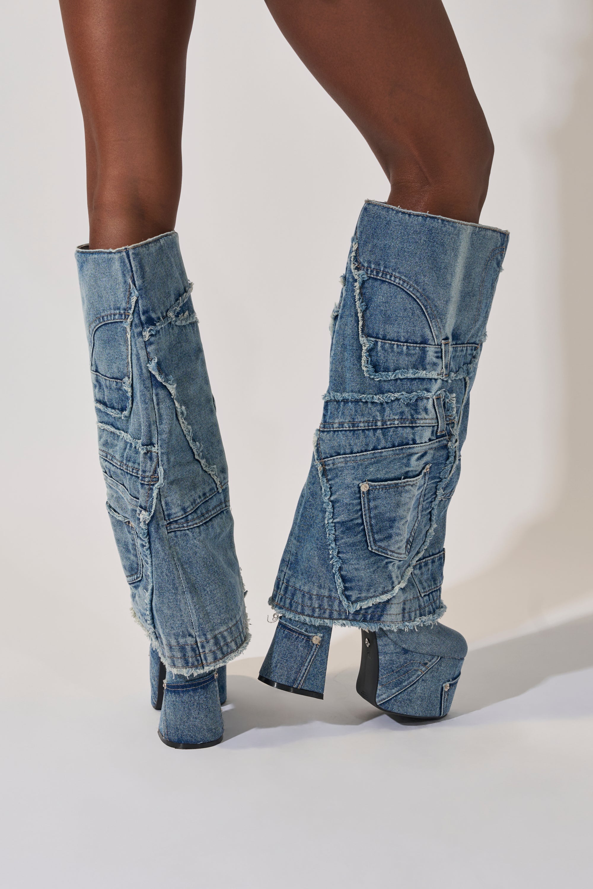 AZALEA WANG DUMI DENIM CHUNKY PATCHWORK BOOT