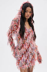 DAYDREAMING FRINGE MINI DRESS WITH A HOOD