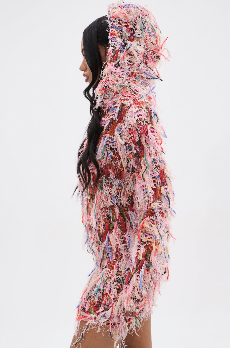 DAYDREAMING FRINGE MINI DRESS WITH A HOOD