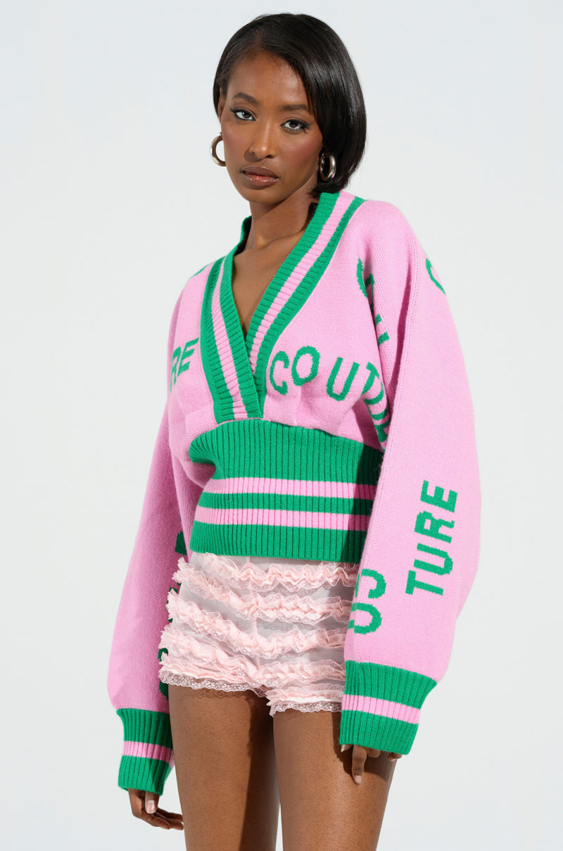 COUTURE DOWN STRIPED V-NECK SWEATER