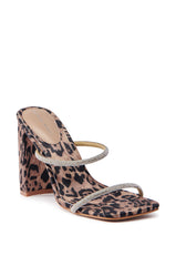 AZALEA WANG EULALIA LEOPARD SLIP ON SANDAL WITH RHINESTONE STRAPS