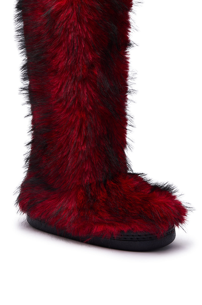 AZALEA WANG FARAMUN RED MULTI FLAT FUR KNEE HIGH BOOT