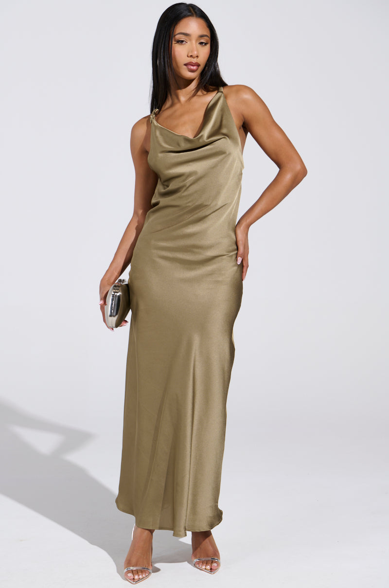 BELLA SATIN MAXI DRESS IN OLIVE