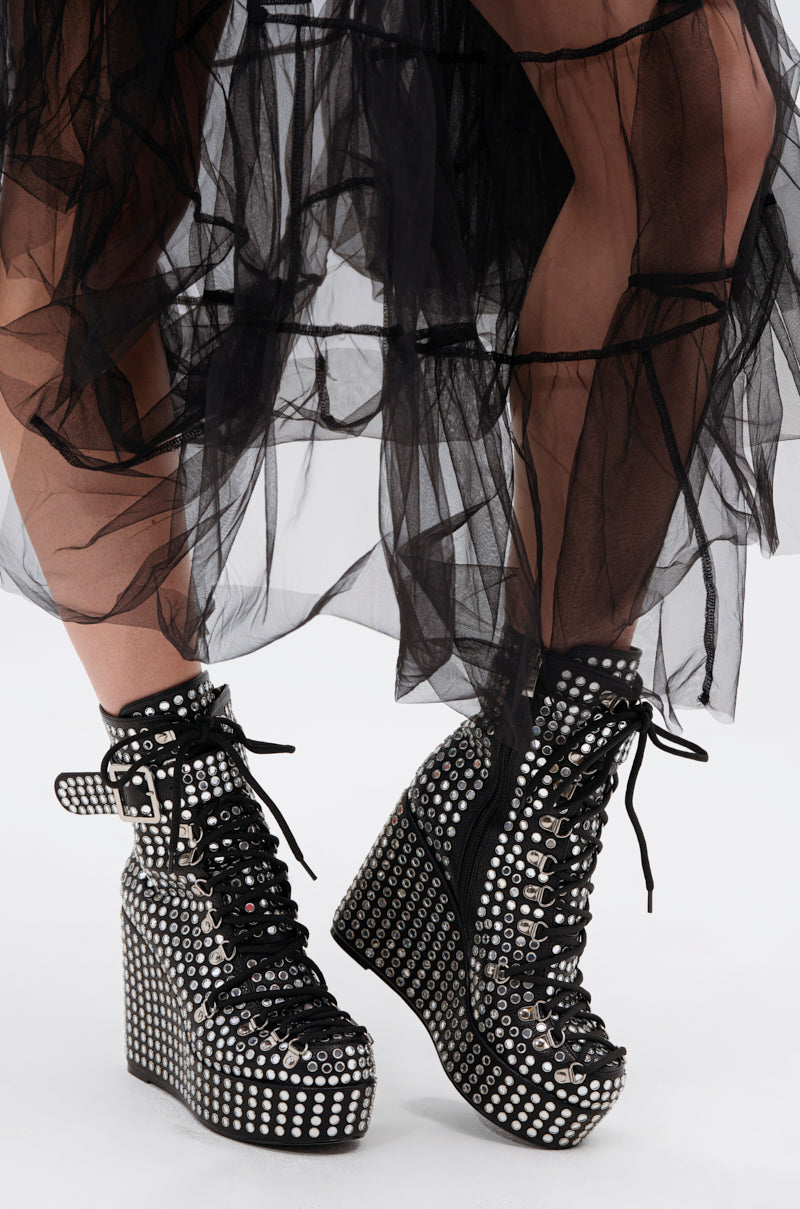 AZALEA WANG FERDY BLACK PLATFORM EMBELLISHED BOOTIE
