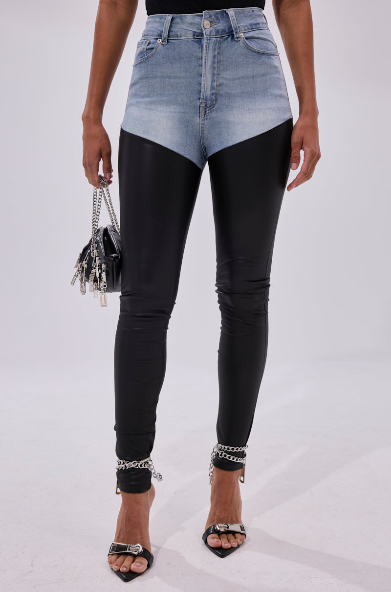 FLEX FIT EXTREME STRETCH HIGH WAIST SKINNY JEANS WITH FAUX LEATHER
