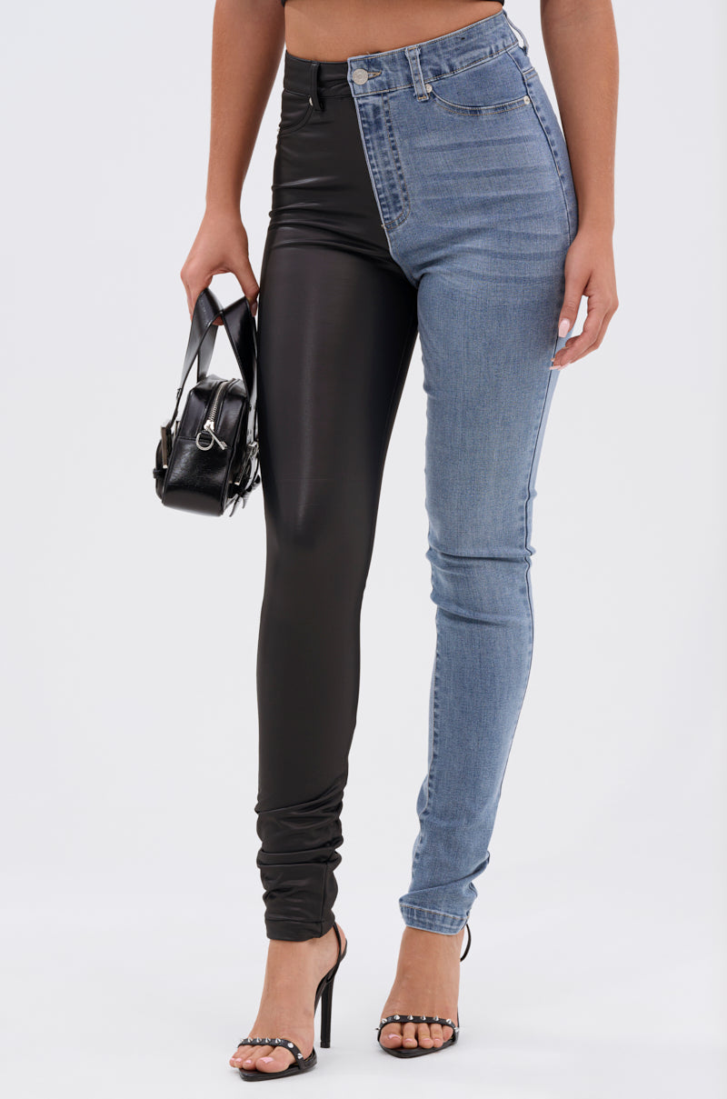 FLEX FIT EXTREME STRETCH HALF AND HALF PU HIGH WAIST SKINNY JEAN