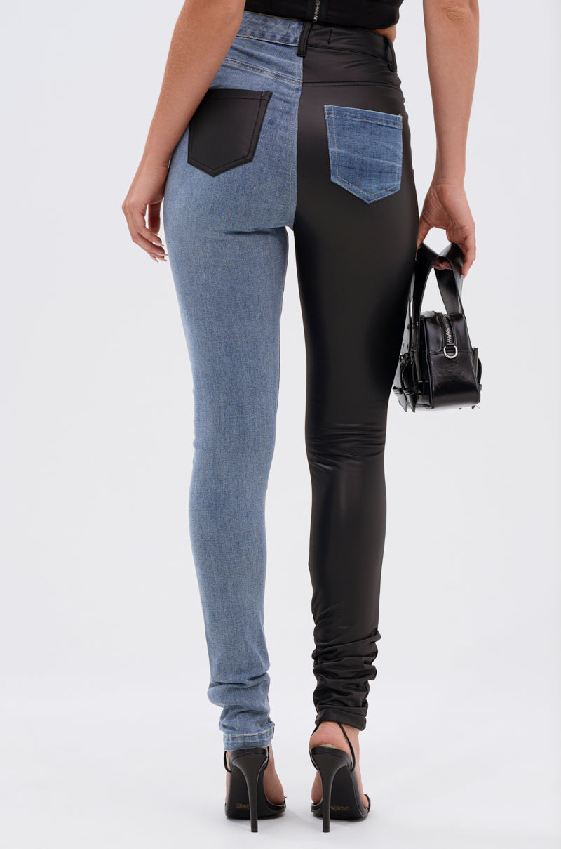 FLEX FIT EXTREME STRETCH HALF AND HALF PU HIGH WAIST SKINNY JEAN