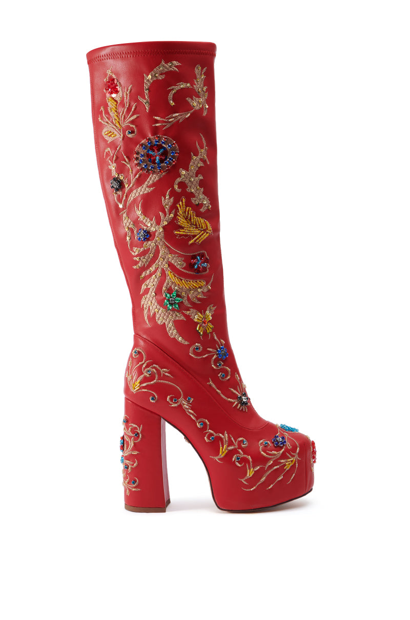AZALEA WANG FLIPPER RED PU WITH EMBELLISHMENTS CHUNKY BOOT