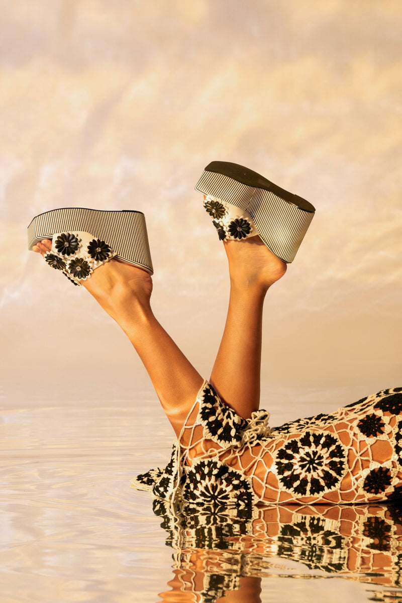 AZALEA WANG FREA WHITE AND BLACK STRIPED FLORAL WEDGE SANDAL