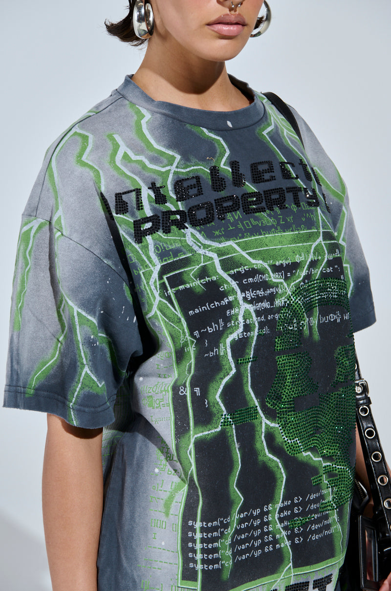 FIRST ONE HERE OVERSIZED GRAPHIC TEE