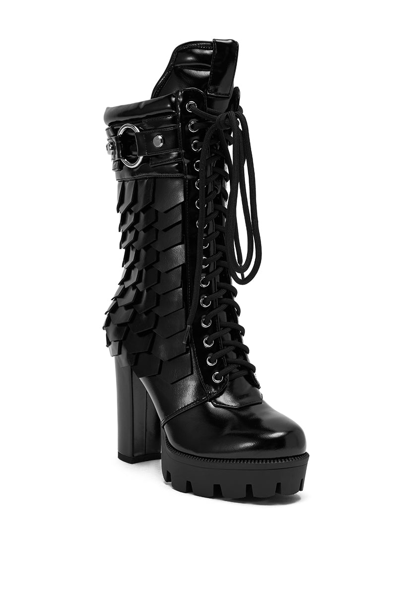 AZALEA WANG GERNOT BLACK LACE UP SCALED PLATFORM BOOTIE