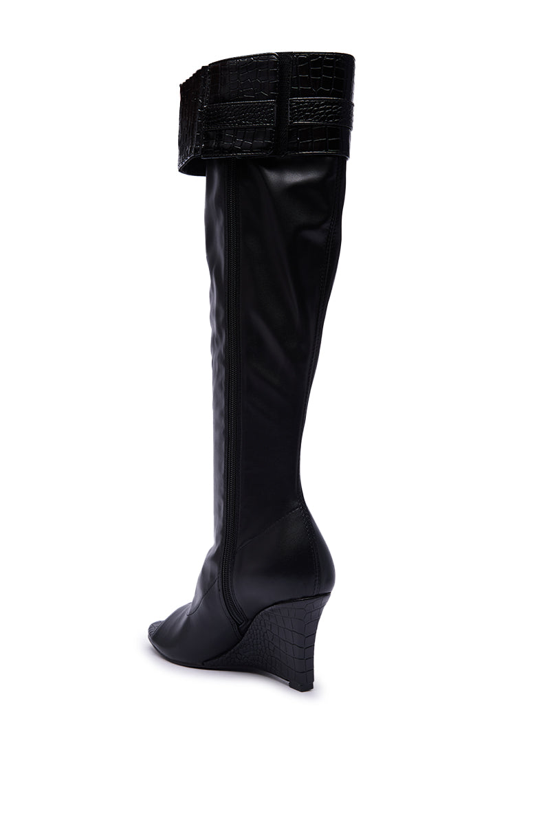 AZALEA WANG GLENNA BLACK STRETCH PU WEDGE BOOT