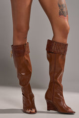 AZALEA WANG GLENNA COGNAC STRETCH PU WEDGE BOOT