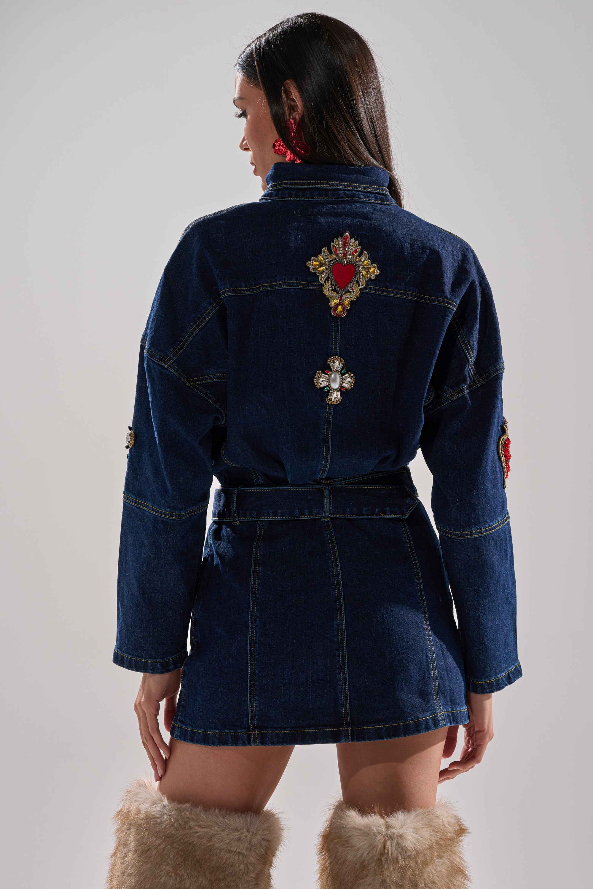 PRETTIEST PROBLEM DENIM PATCHWORK MINI DRESS