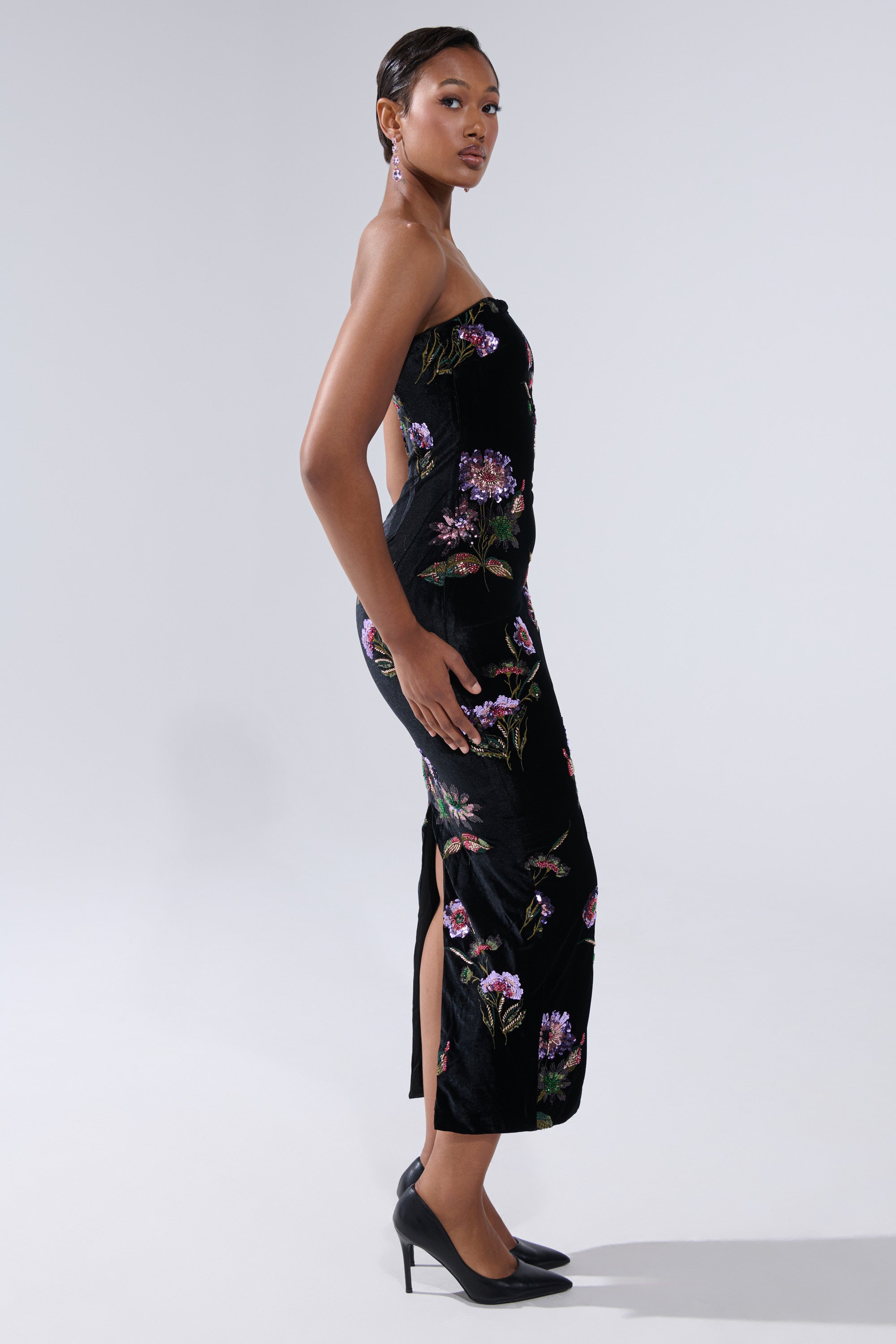 LUNA BEADED FLORAL VELVET MIDI DRESS