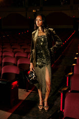 SOFIA VELVET FRINGE PRINTED MIDI DRESS