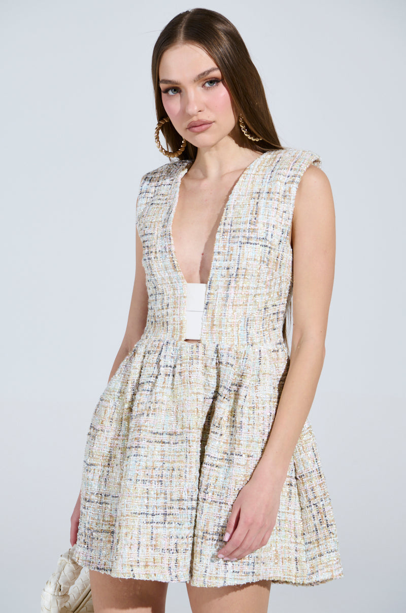 JUST A GIRL TWEED MINI DRESS IN WHITE