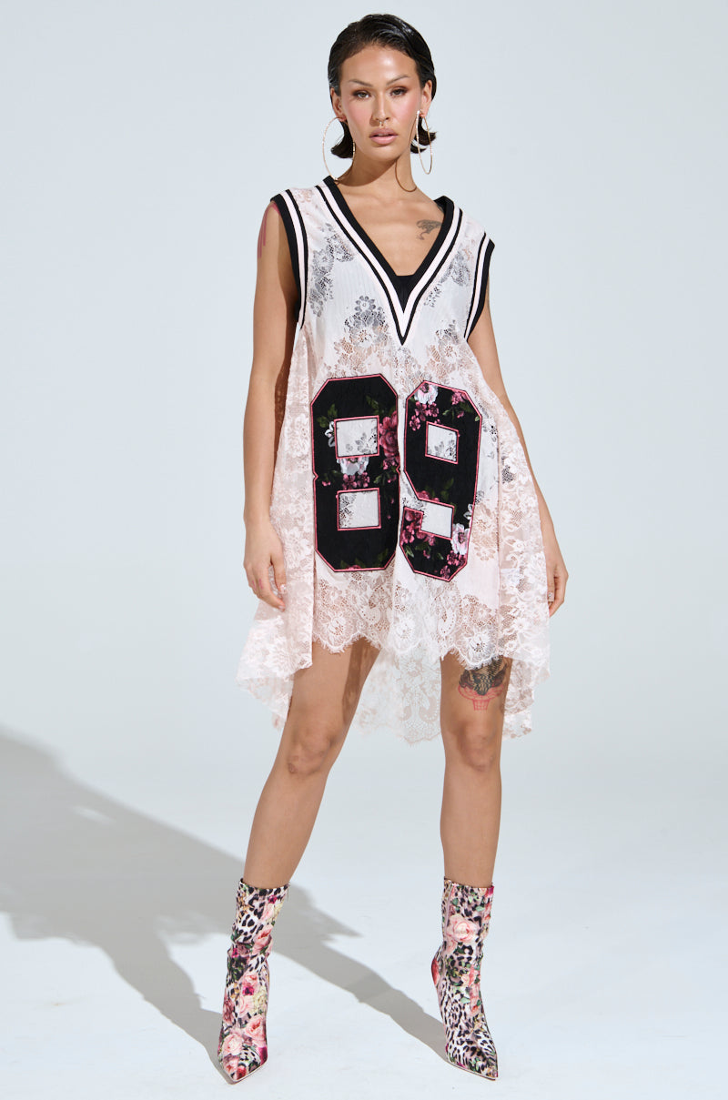ON THE SIDELINES LACE JERSEY MINI DRESS IN PINK