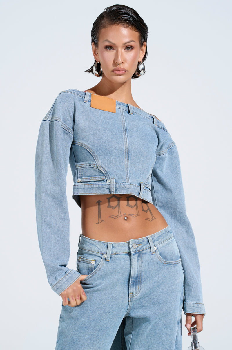 SHAKE IT OFF DENIM OFF THE SHOULDER TOP
