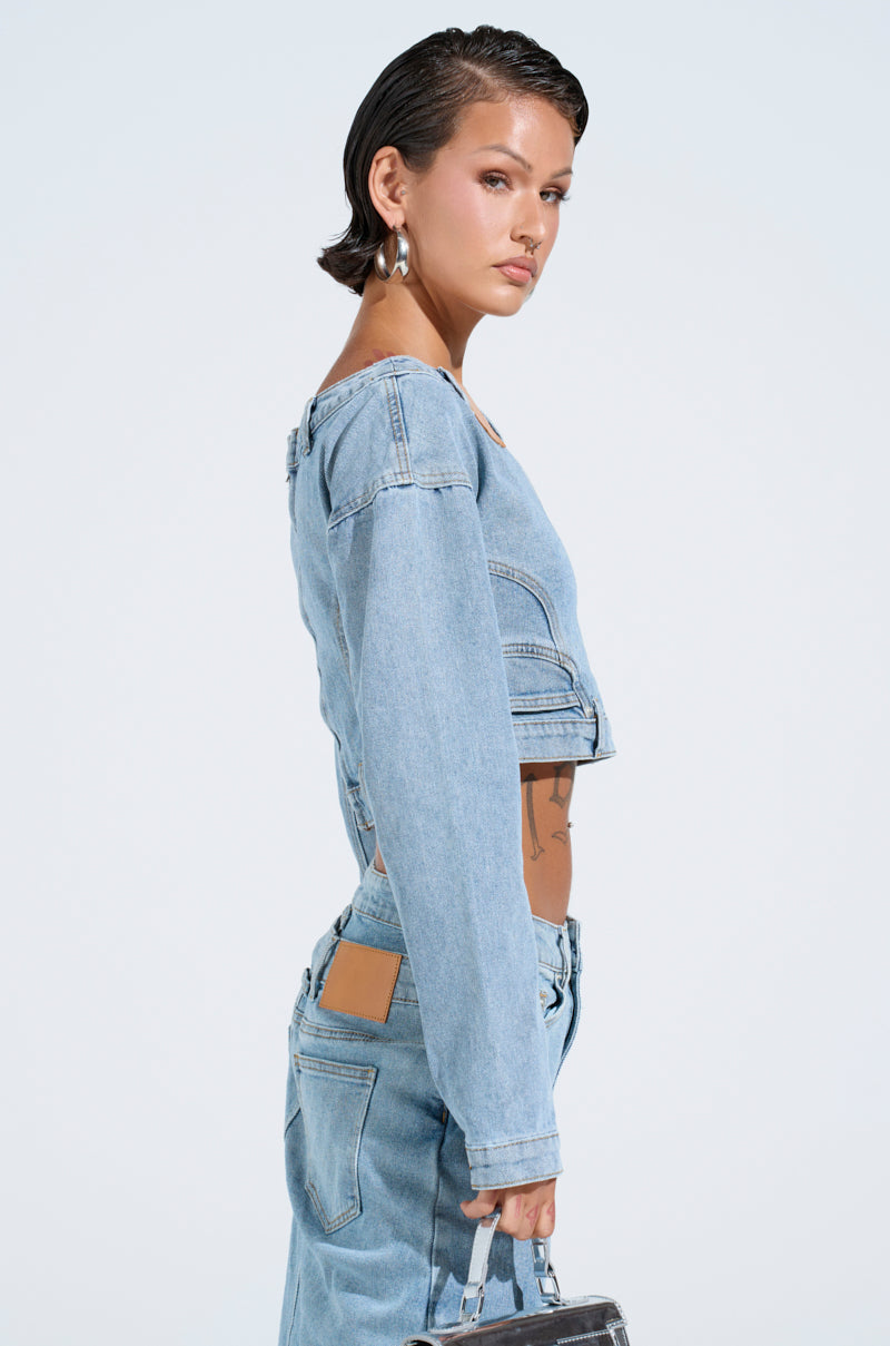 SHAKE IT OFF DENIM OFF THE SHOULDER TOP