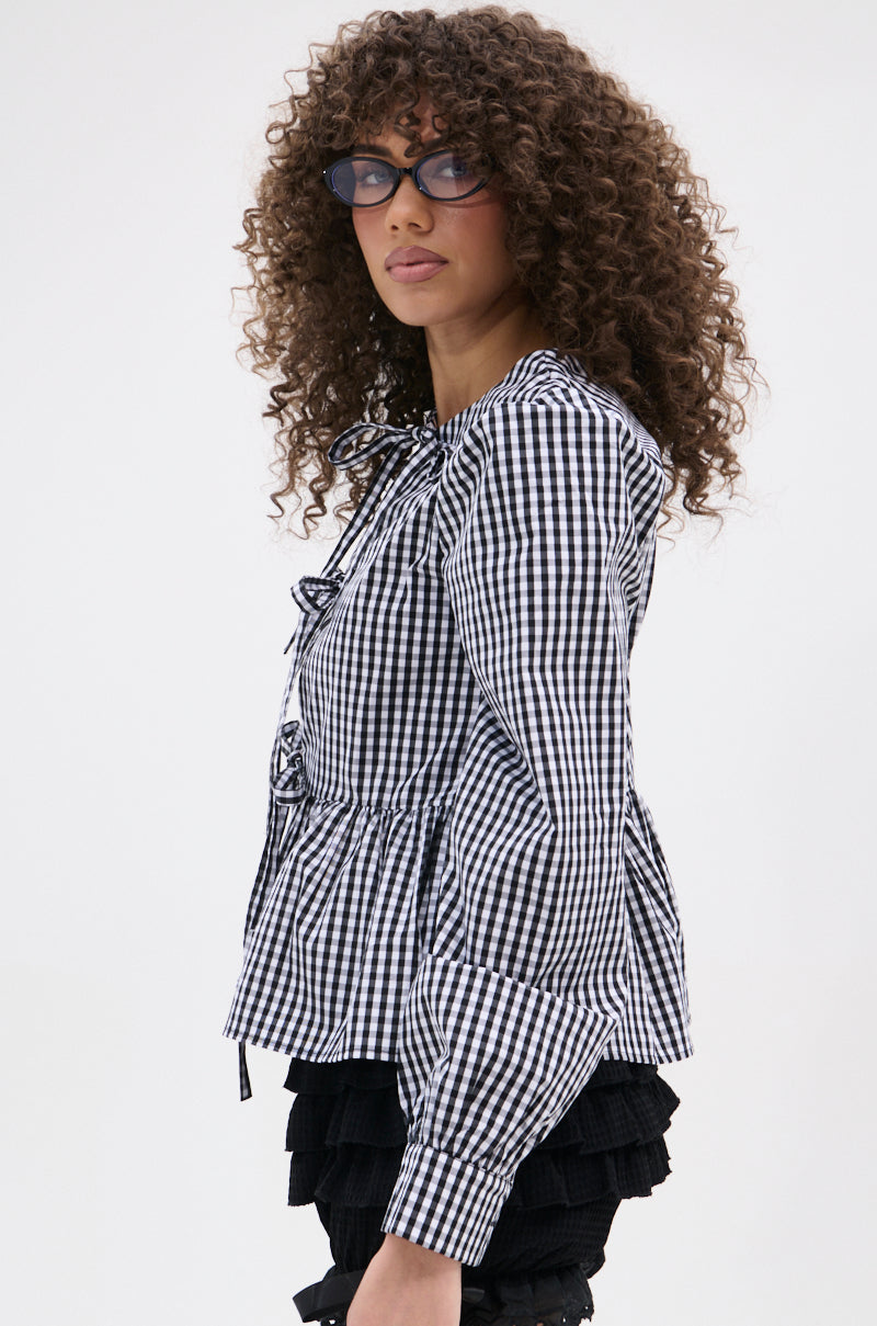 LOTS OF LOVE TO GIVE GINGHAM TIE FRONT BLOUSE