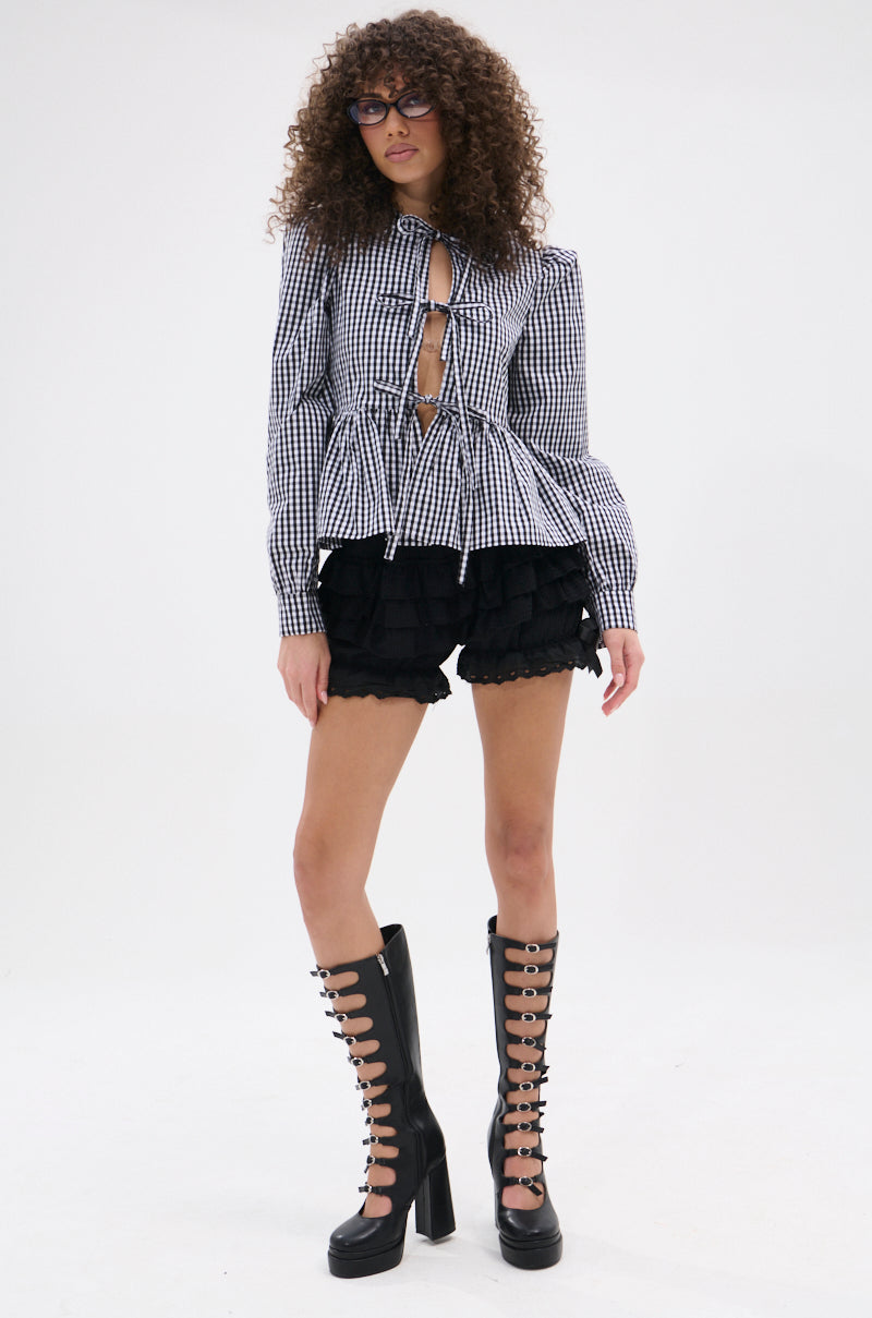 LOTS OF LOVE TO GIVE GINGHAM TIE FRONT BLOUSE