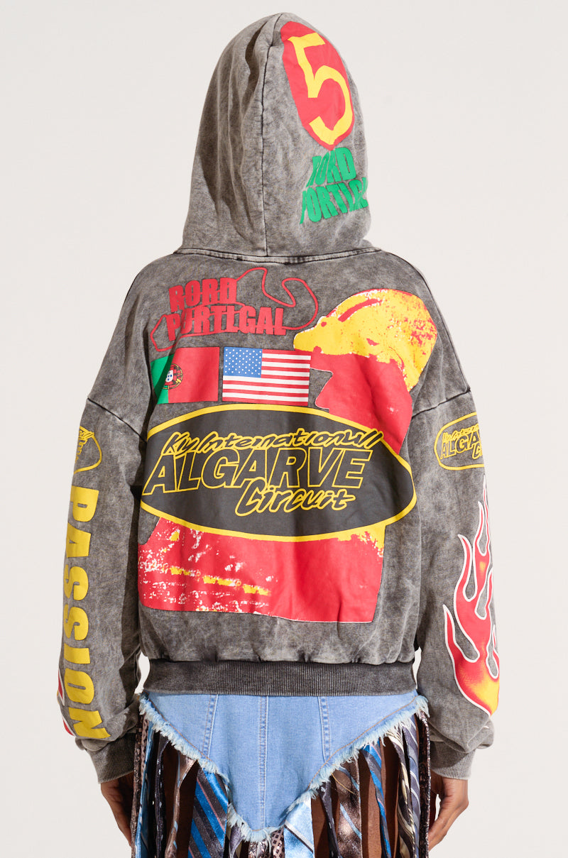 OFF TO THE RACES GRAPHIC ZIP UP HOODIE