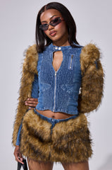 KENDRA FUR TRIM DENIM TOP