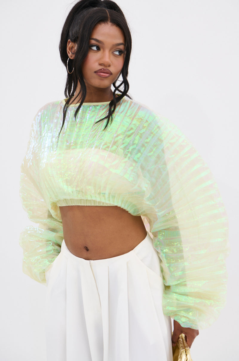 CHAR PLEATED IRIDESCENT CROP TOP