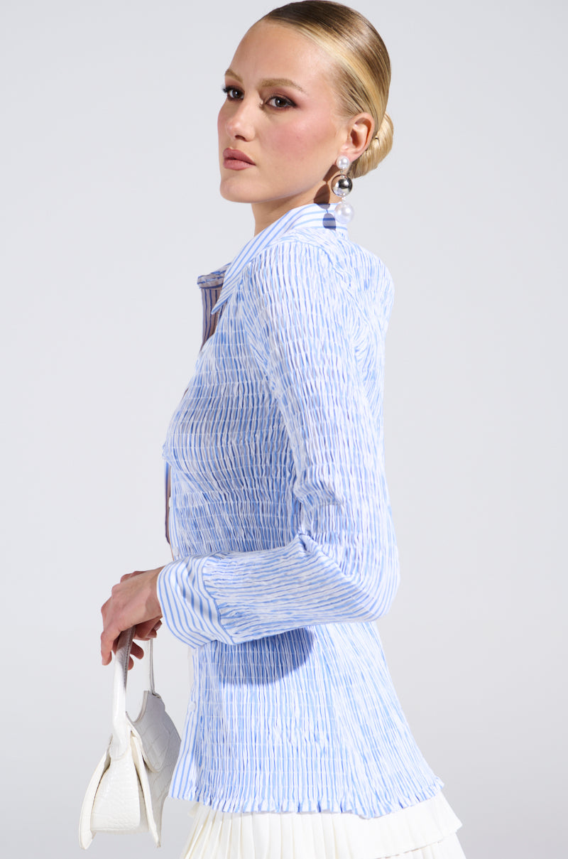 BABY BLUE PINSTRIPE RUCHED BUTTON DOWN