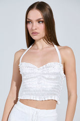 BABY DOLL RUCHED SATIN HALTER TOP IN WHITE