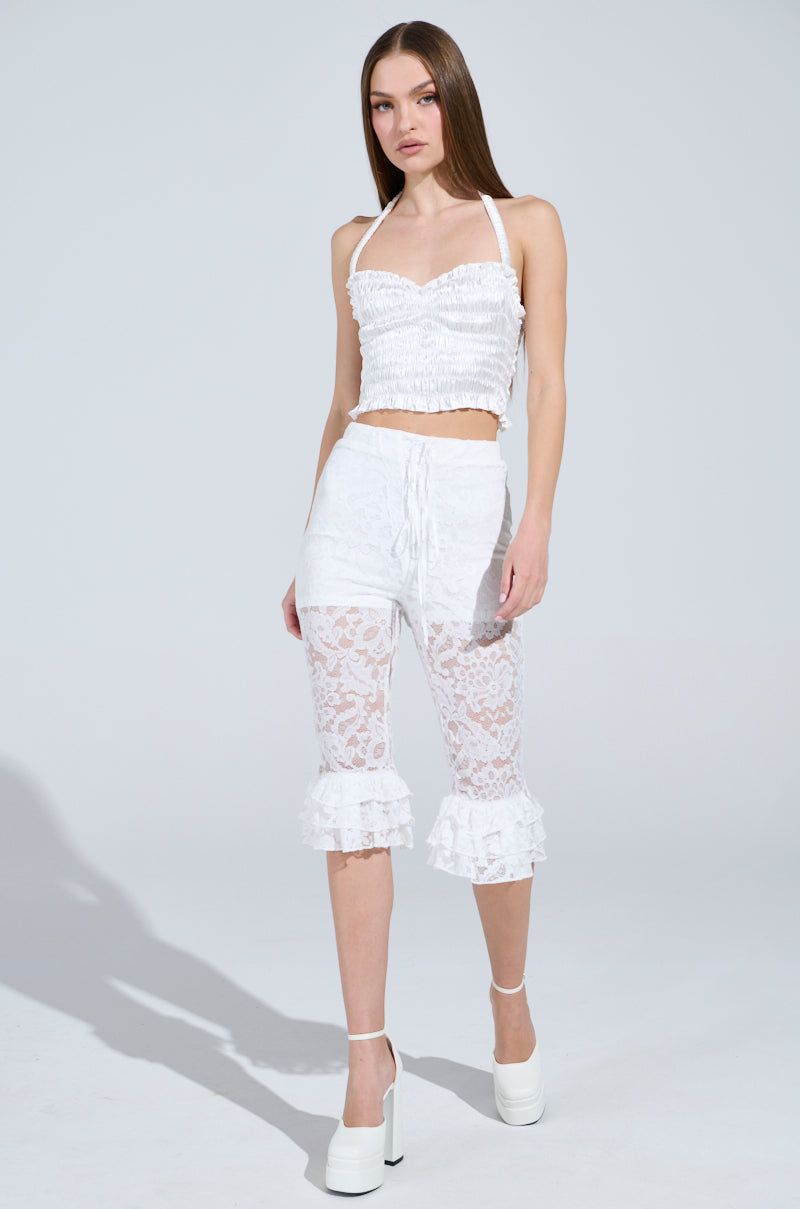 BABY DOLL RUCHED SATIN HALTER TOP IN WHITE