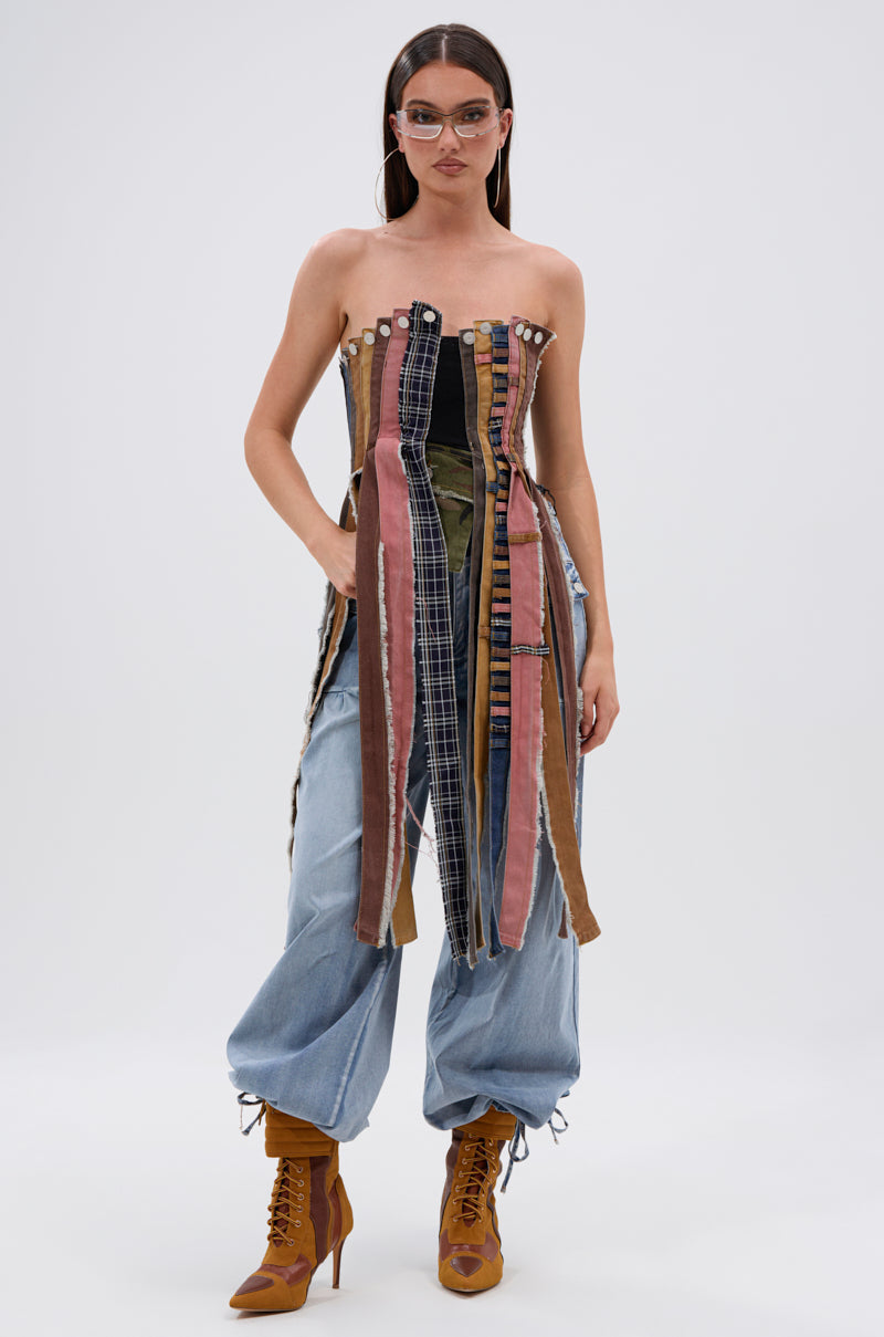 A LOT GOING ON DENIM TOP