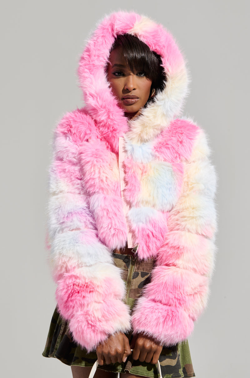 COTTON CANDY SKIES MULTI FAUX FUR BOMBER