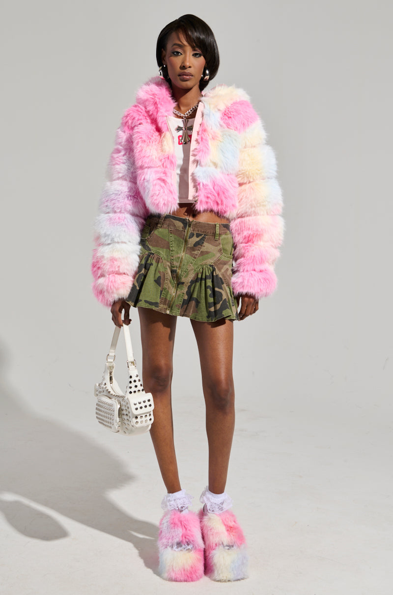 COTTON CANDY SKIES MULTI FAUX FUR BOMBER